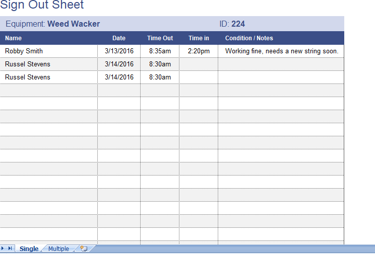 Equipment sign out sheet