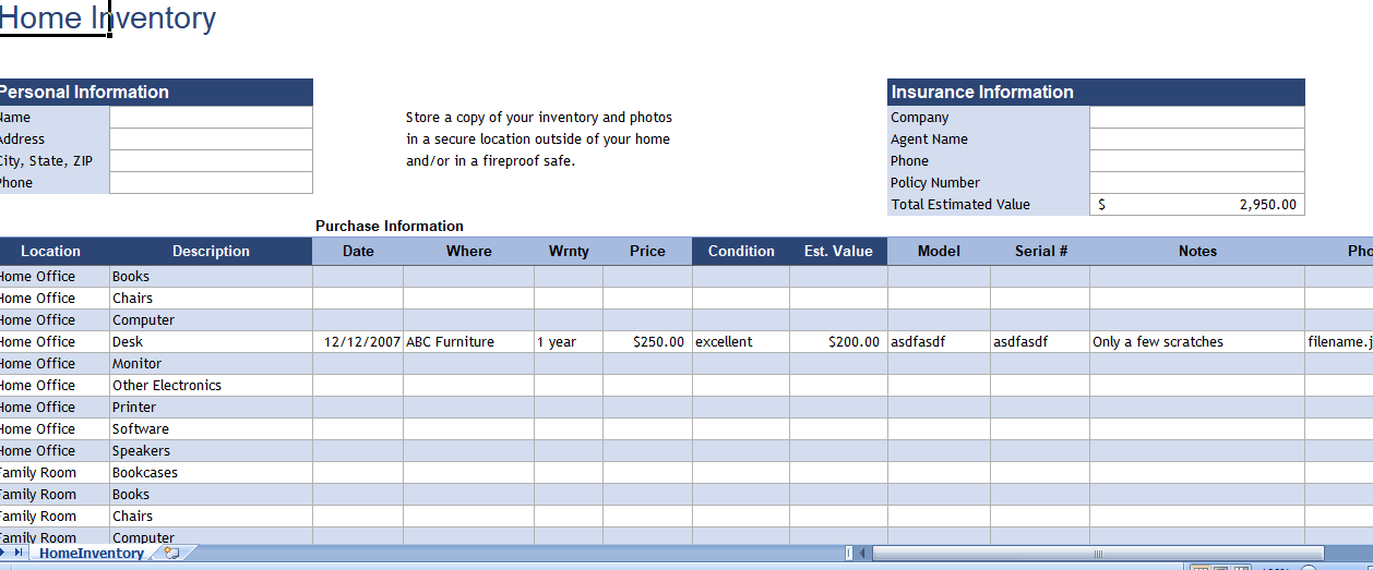 Home inventory spreadsheet