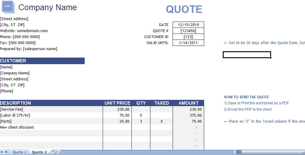 Price quote template