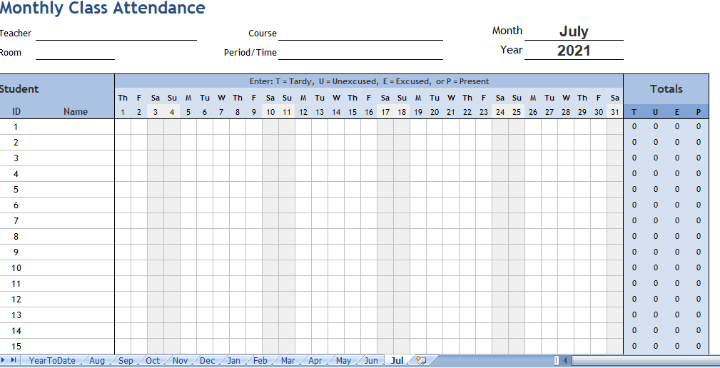 yearly class attendance