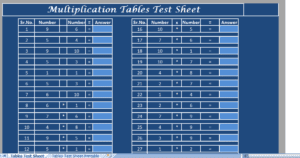 Multiplication Table Test Sheet