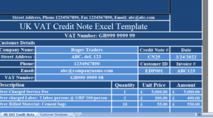 UK VAT Credit Note Excel Template
