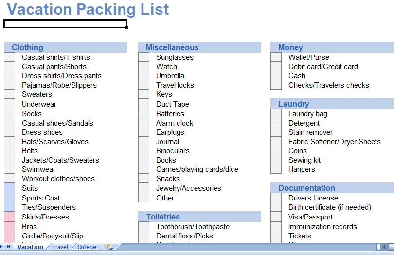 Vacation packing list