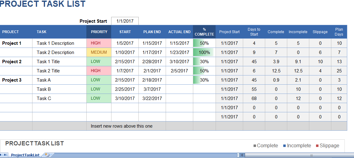 Project Task List with Gantt Chart