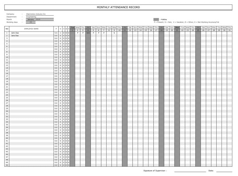 employee attendance calendar