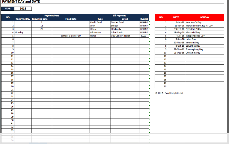 bill payment calendar