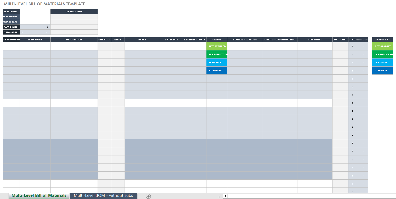 download Multi level Bill of material format in excel