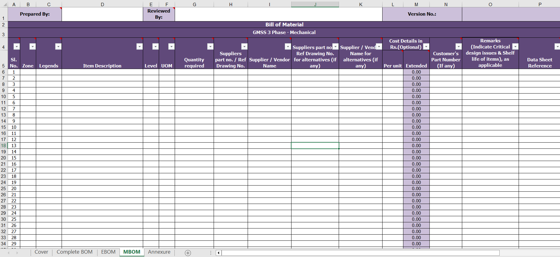 Download Bill of Material Sample Format in excel
