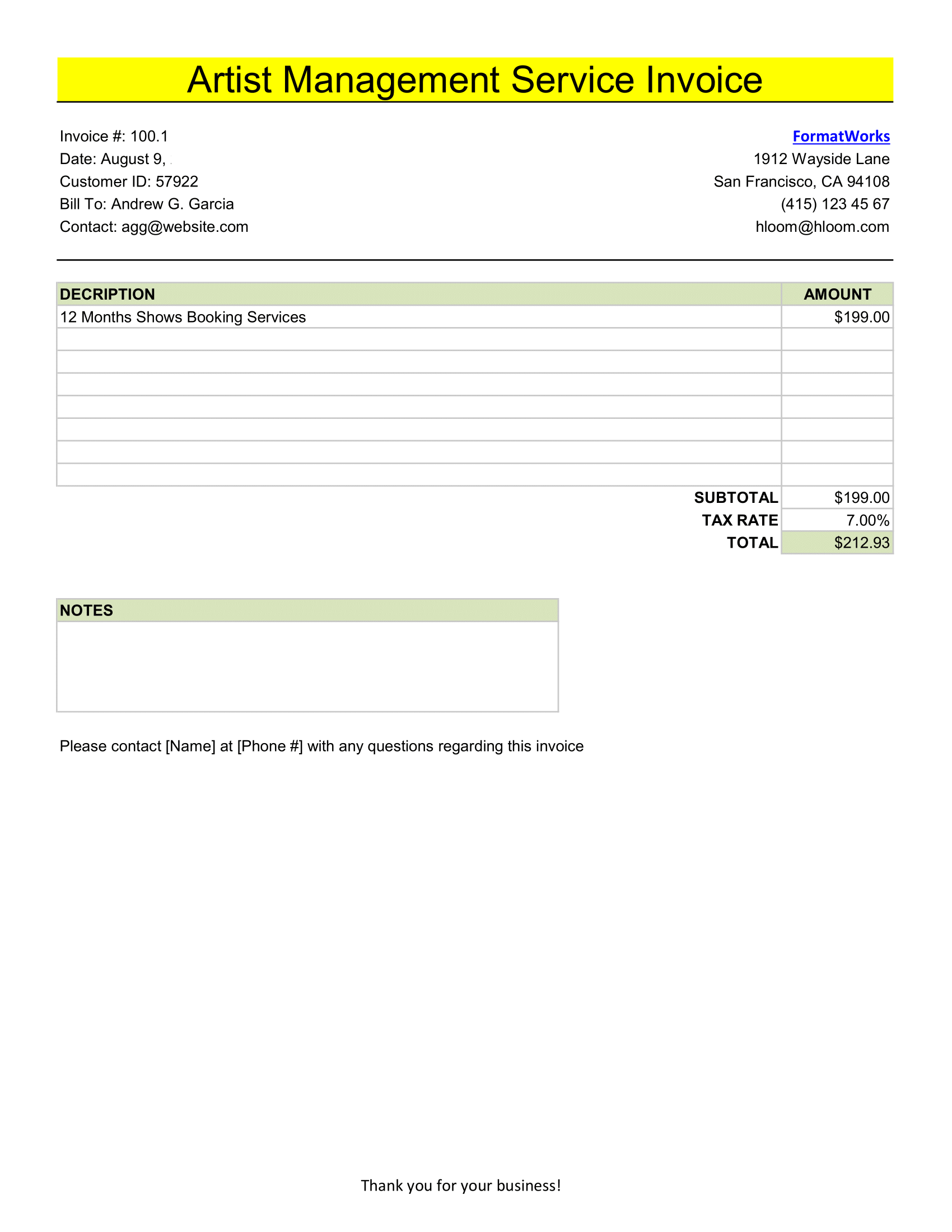 Artist Management Services Invoice Format