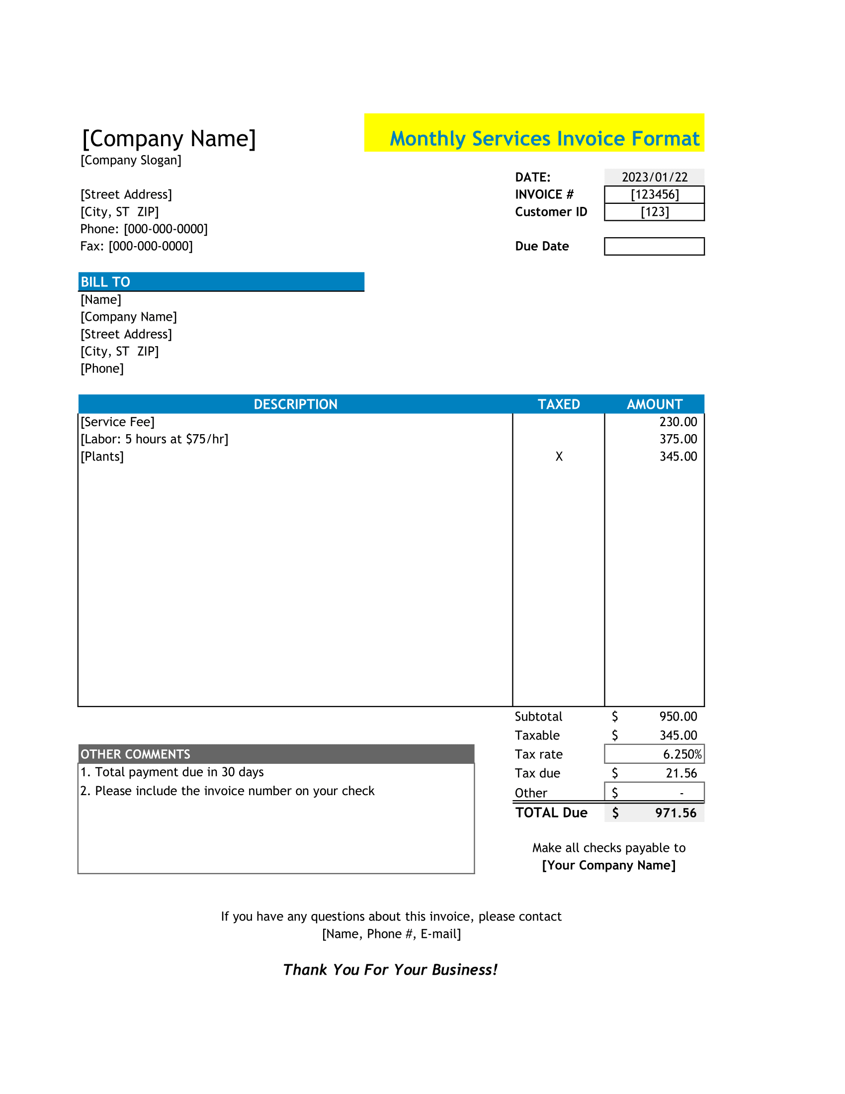 Monthly Services Invoice Format