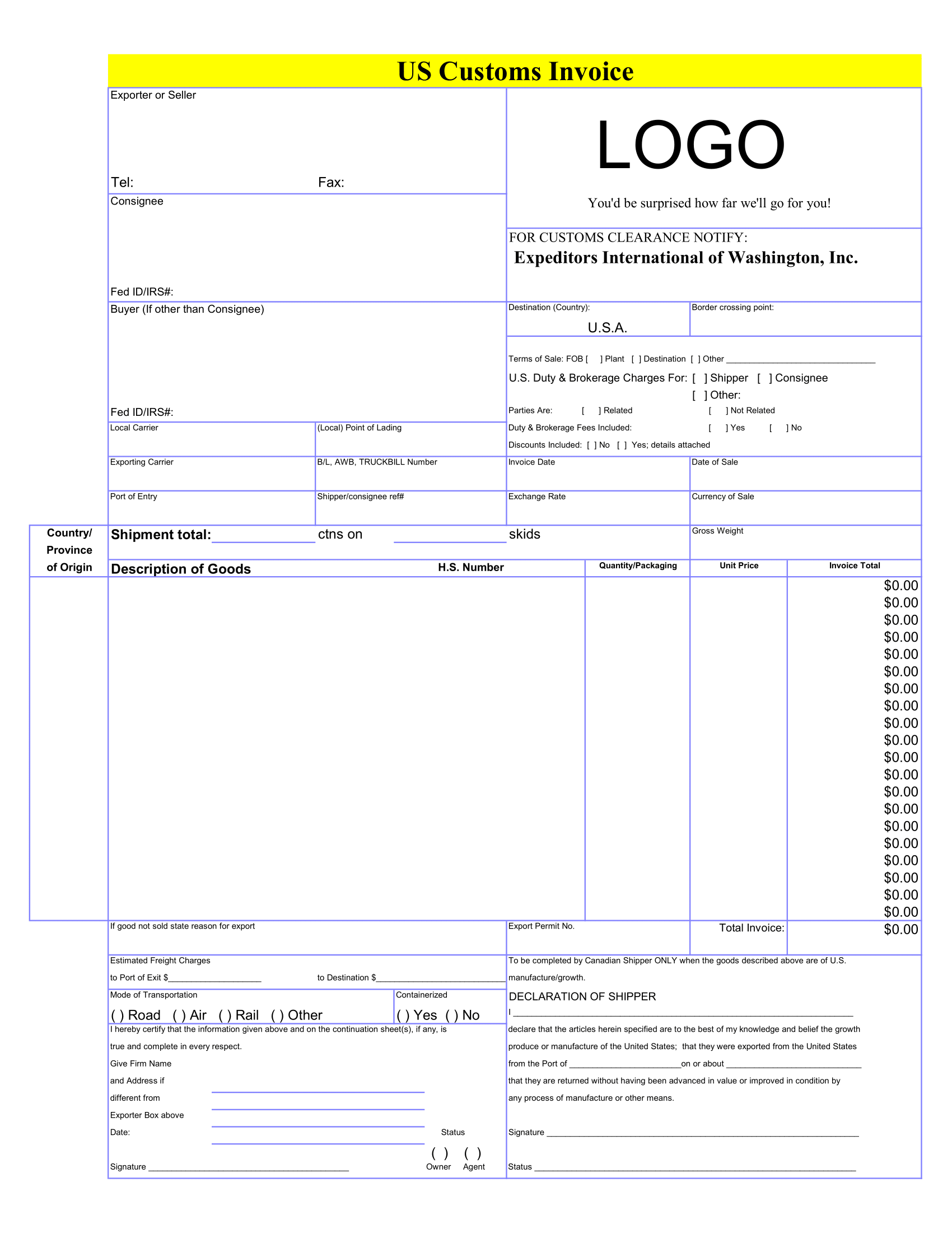 US Customs Invoice